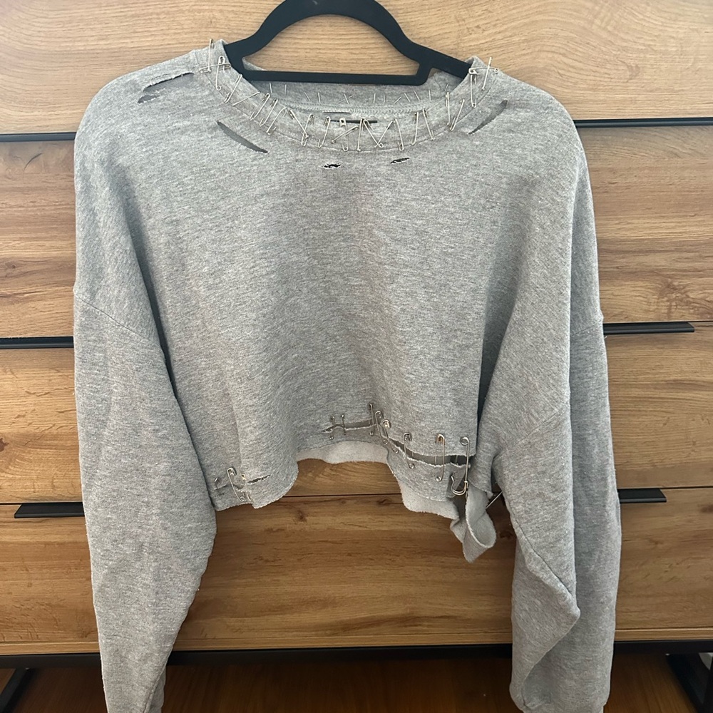 Gray distressed cropped sweatshirt